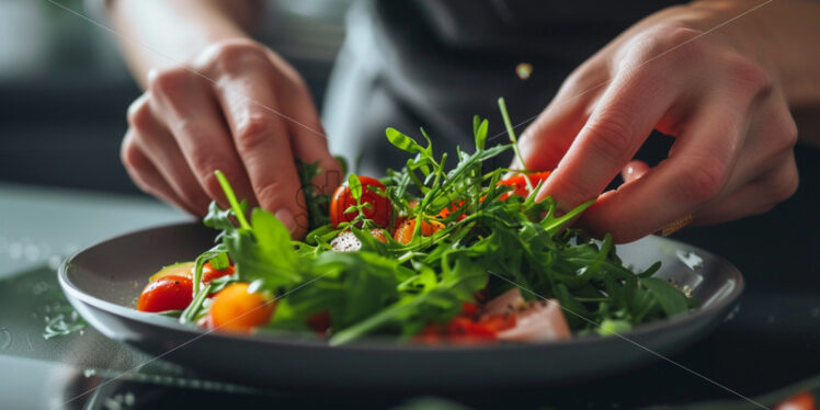 Hands arranging balanced meal on plate - Starpik Stock