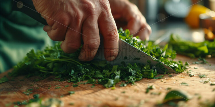 Hands chopping fresh herbs with a knife on a cutting board - Starpik Stock