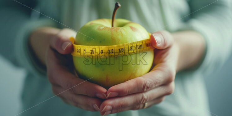 Hands holding measuring tape around green apple - Starpik Stock