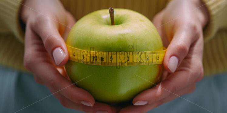 Hands holding measuring tape around green apple - Starpik Stock