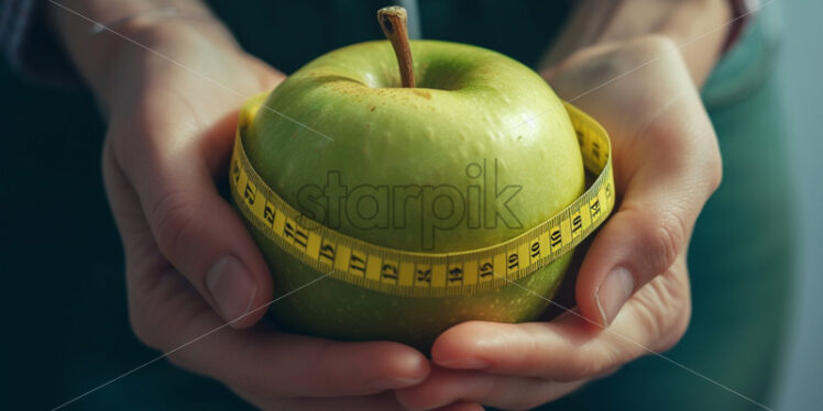 Hands holding measuring tape around green apple - Starpik Stock