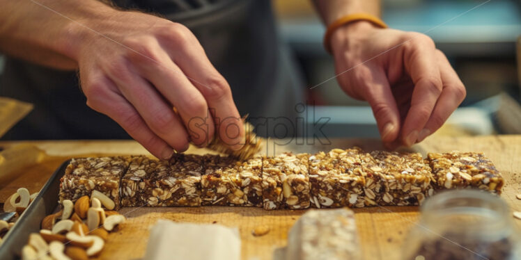 Hands preparing homemade protein bars - Starpik Stock