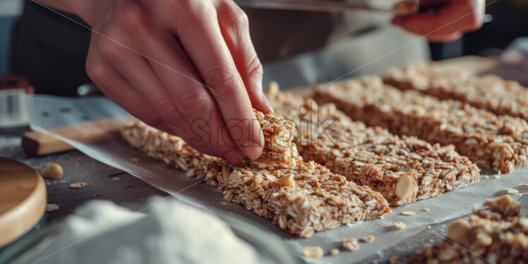 Hands preparing homemade protein bars - Starpik Stock