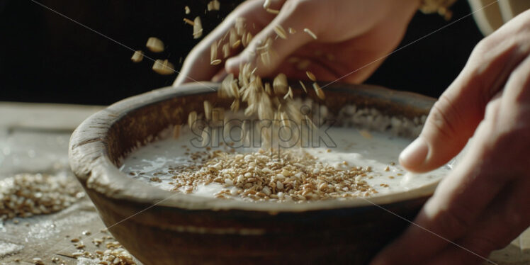 Hands sprinkling seeds on yogurt bowl - Starpik Stock