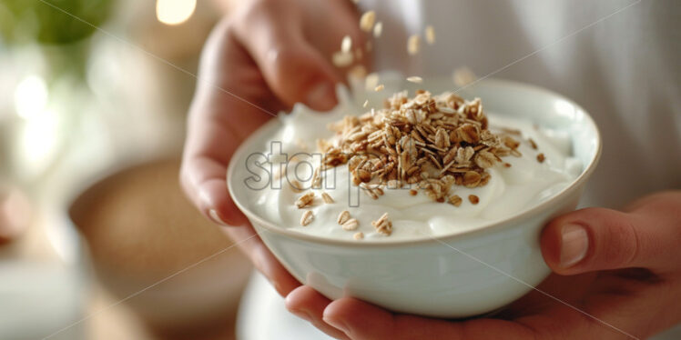 Hands sprinkling seeds on yogurt bowl - Starpik Stock