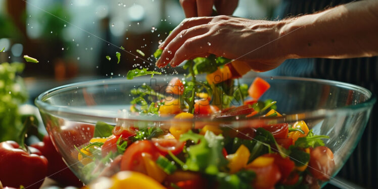 Hands tossing colorful salad in mixing bowl - Starpik Stock