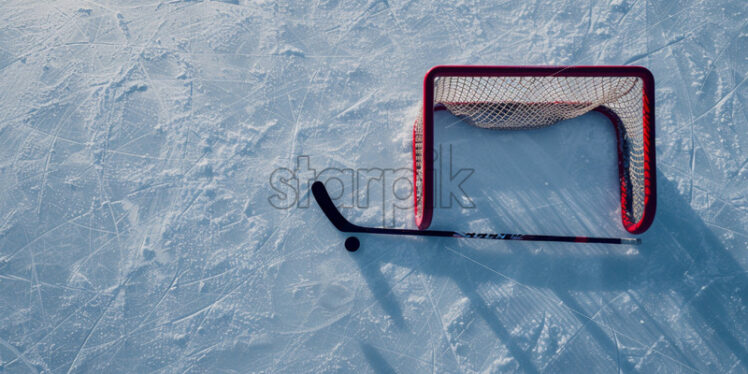  Ice hockey stick with black blade, rubber puck, goal net with red frame on smooth ice rink - Starpik Stock