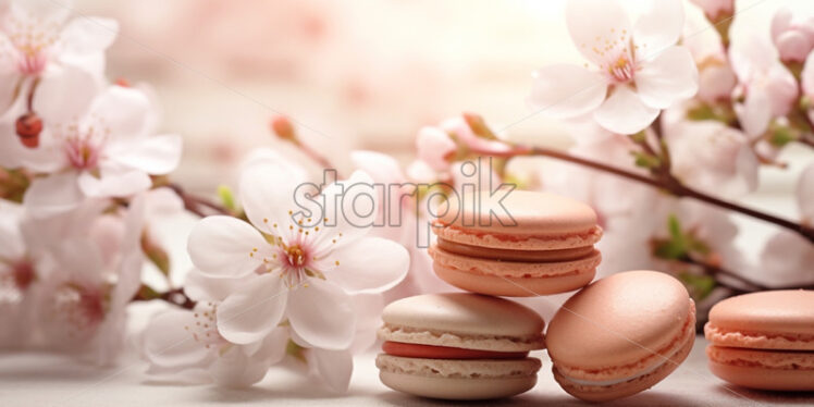 Macaroons cookies delicate with flowers peach colour - Starpik Stock