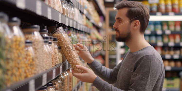 Man choosing whole grains at grocery store - Starpik Stock