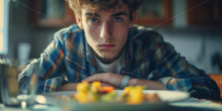 Man measuring portion sizes on plate - Starpik Stock