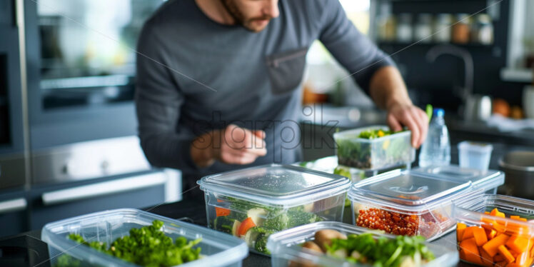 Man packing balanced lunch in reusable containers - Starpik Stock