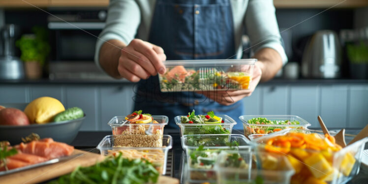 Man packing balanced lunch in reusable containers - Starpik Stock