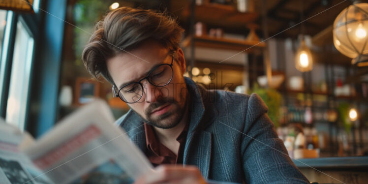 Man reading newspaper in cozy coffee shop - Starpik Stock