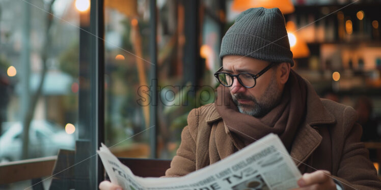 Man reading newspaper in cozy coffee shop - Starpik Stock