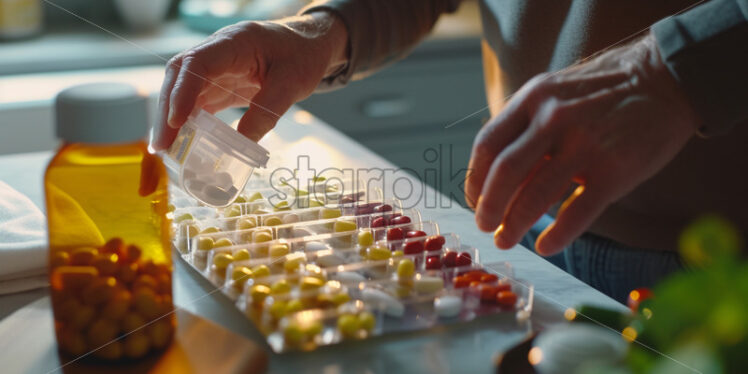 Man taking vitamins from weekly pill organizer - Starpik Stock