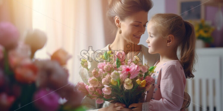 Mother and son with a delicate floral bouquet representing mother day - Starpik Stock