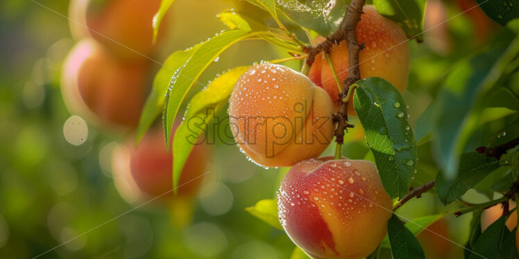 Peaches growing on the tree, close up - Starpik Stock