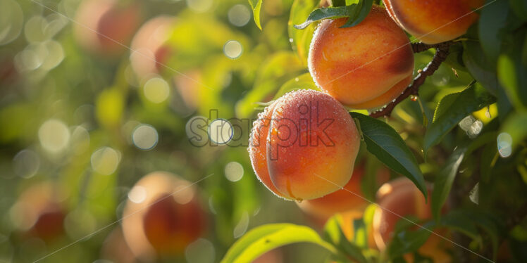 Peaches growing on the tree, close up - Starpik Stock