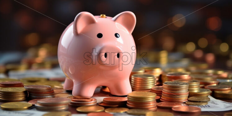 Pink piggy bank with coins money concept - Starpik Stock