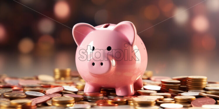 Pink piggy bank with coins money concept - Starpik Stock