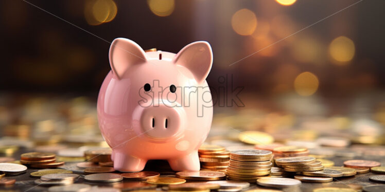 Pink piggy bank with coins money concept - Starpik Stock