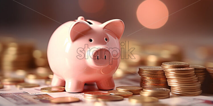 Pink piggy bank with coins money concept - Starpik Stock