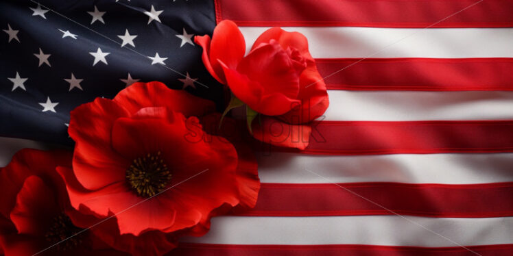 Poppy flower and american flag background, remembrance day or independence day card - Starpik Stock