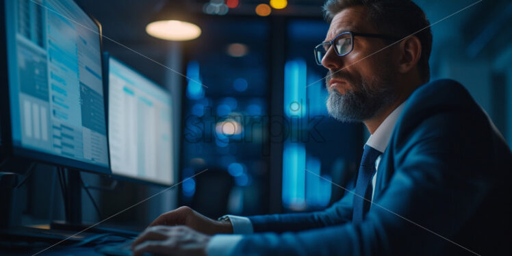 Portrait of a business person checking emails on a dual-screen setup - Starpik Stock