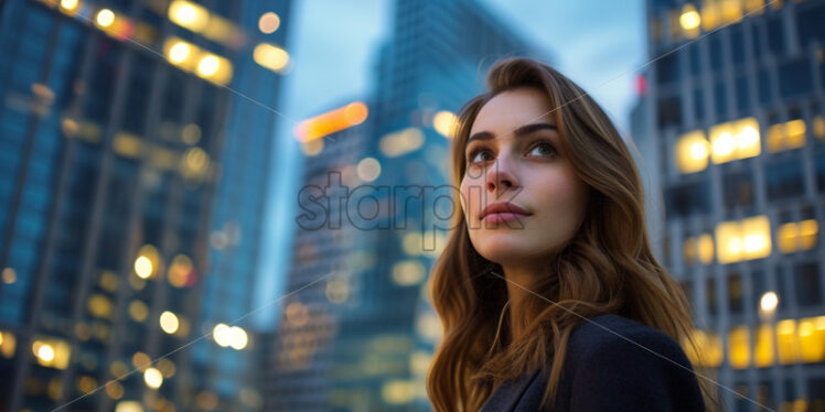 Portrait of a business woman against a bustling urban cityscape - Starpik Stock