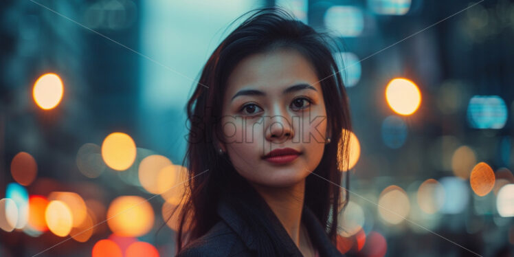 Portrait of a business woman against a bustling urban cityscape - Starpik Stock