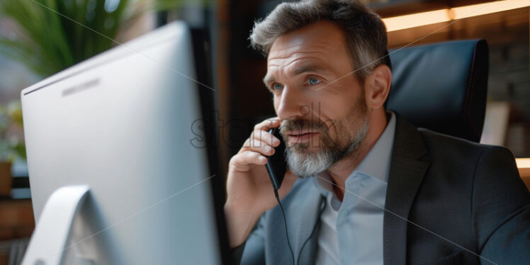 Portrait of a businessman on a phone call while looking at a monitor - Starpik Stock