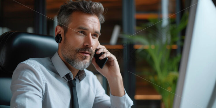 Portrait of a businessman on a phone call while looking at a monitor - Starpik Stock