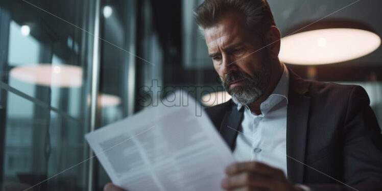 Portrait of a businessman reviewing documents in a well-lit office - Starpik Stock