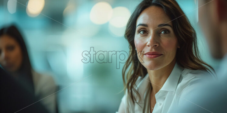 Portrait of a businesswoman discussing strategy with colleagues in a conference room - Starpik Stock