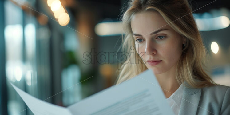 Portrait of a businesswoman reviewing documents in a modern office setting - Starpik Stock