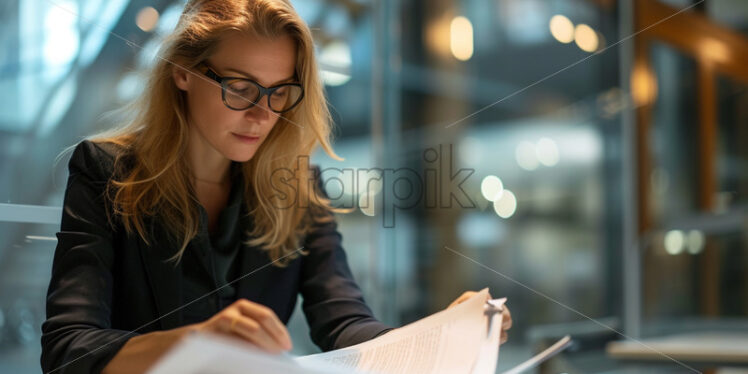 Portrait of a businesswoman reviewing documents in a modern office setting - Starpik Stock