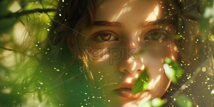 Portrait of a girl against the background of green bushes - Starpik Stock