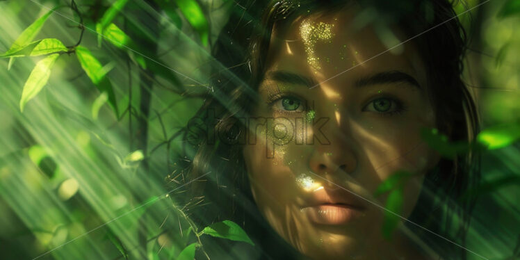 Portrait of a girl against the background of green bushes - Starpik Stock