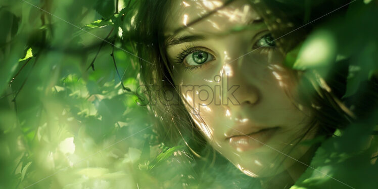 Portrait of a girl against the background of green bushes - Starpik Stock