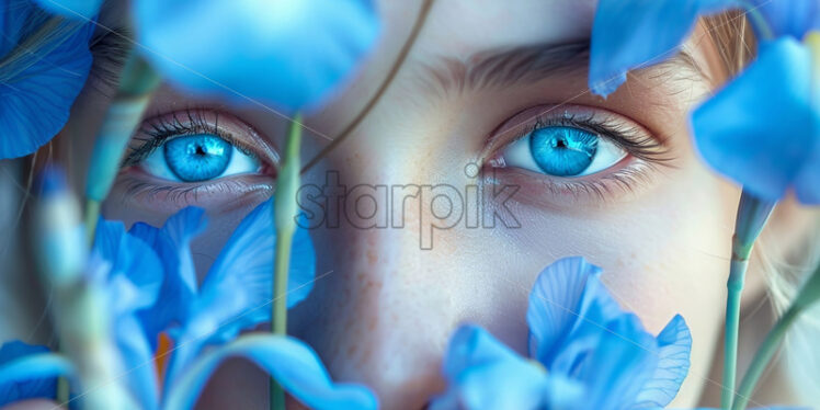 Portrait of a girl with blue eyes among blue flowers - Starpik Stock