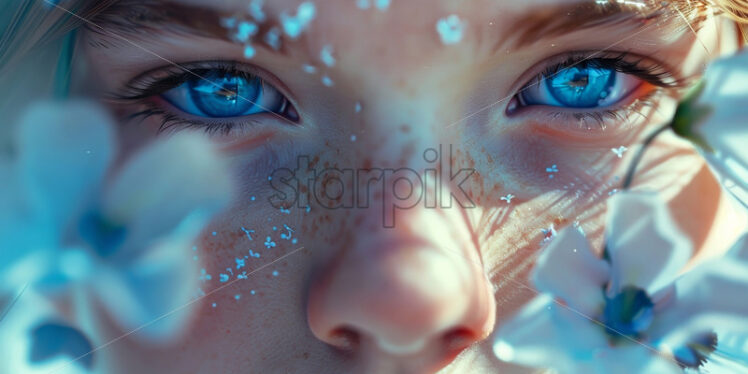 Portrait of a girl with blue eyes among blue flowers - Starpik Stock