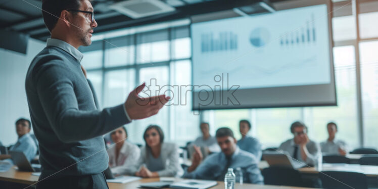 Portrait of a man giving a presentation with a projector in a meeting - Starpik Stock