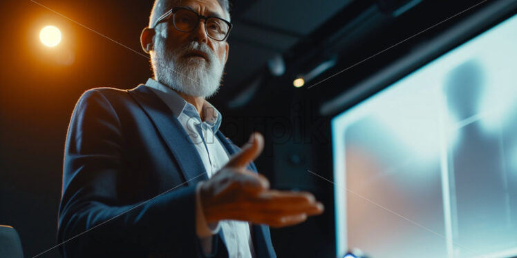 Portrait of a man giving a presentation with a projector in a meeting - Starpik Stock