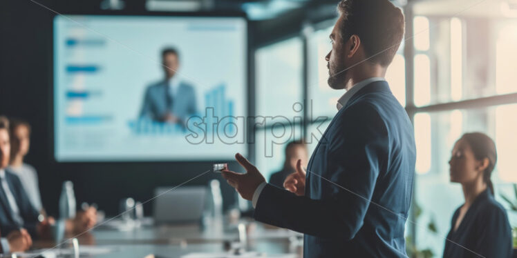 Portrait of a man giving a presentation with a projector in a meeting - Starpik Stock