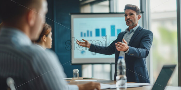 Portrait of a man giving a presentation with a projector in a meeting - Starpik Stock