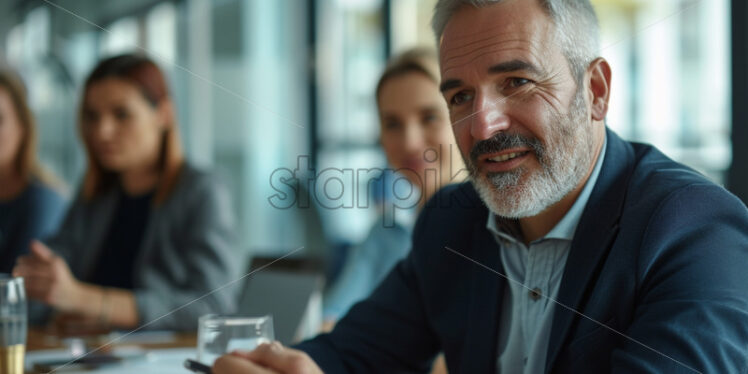 Portrait of a man in a meeting room discussing a project with colleagues - Starpik Stock