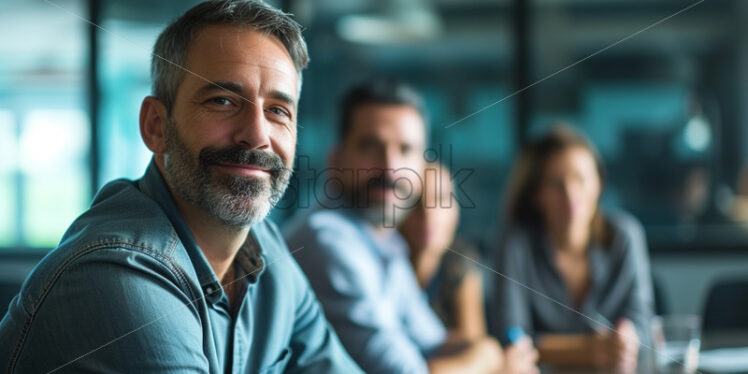 Portrait of a man in a meeting room discussing a project with colleagues - Starpik Stock