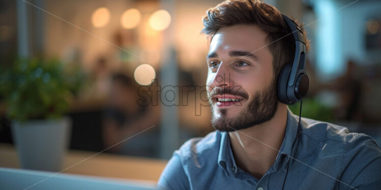 Portrait of a man in a stylish office space, talking on a headset - Starpik Stock