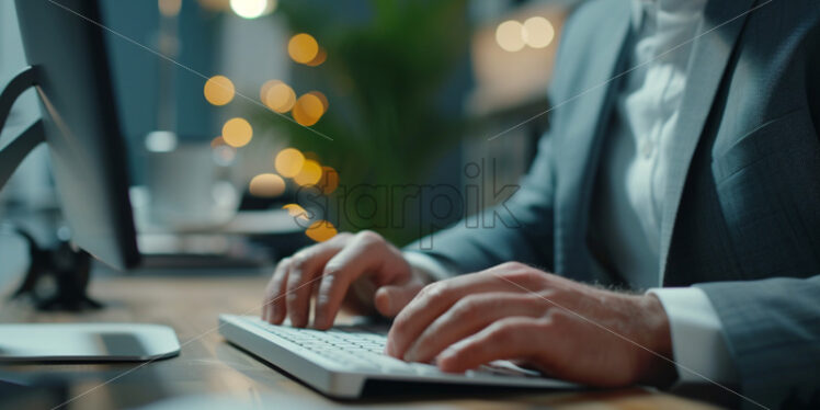 Portrait of a man in a suit typing on a computer at a tidy desk - Starpik Stock