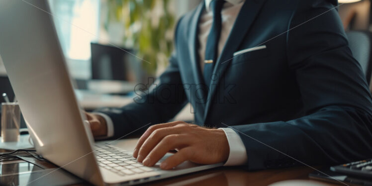 Portrait of a man in a suit typing on a computer at a tidy desk - Starpik Stock